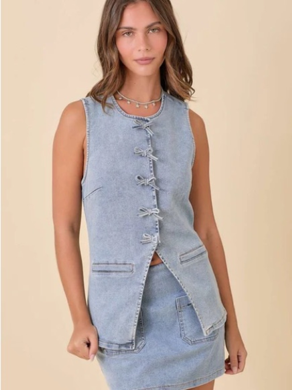 Altar’d State Denim Sleeveless Vest Tank with Bows Medium